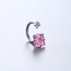 Pink square zircon horseshoe ring in polished silver steel for cartilage or navel piercing
