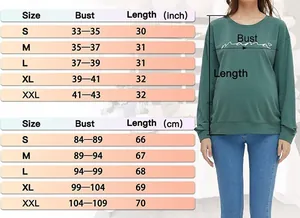 Size chart showing bust and length measurements for women's long sleeve maternity sweatshirt
