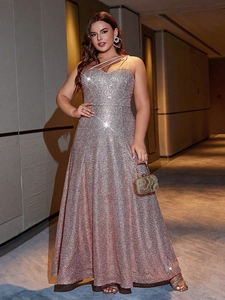Women Plus Size Sequin Maxi Dress One Shoulder Sleeveless Elegant Evening Gown Pink Sparkling Banquet Party Wear