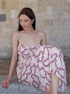 Detail of floral print pattern on a slim fit bodycon spaghetti strap long dress