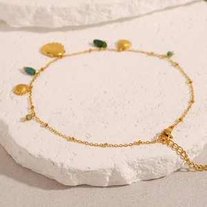 Bracelet de cheville en acier inoxydable doré 18 carats avec coquillages et perles