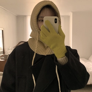 Pale yellow knitted balaclava hooded scarf with matching gloves for autumn winter