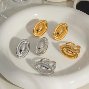 Minimalist Oval Geometric Jewelry Stainless Steel 18K Gold Plated Waterproof Open Adjustable Ring And Stud Earrings For Women