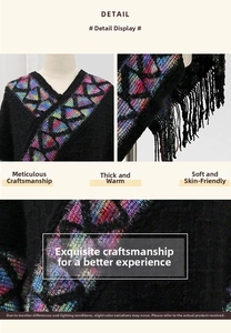 Detail of knit poncho featuring multi-color V-shaped geometric patterns and tassel fringe