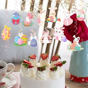 Colorful Easter hanging swirls with cartoon bunny and egg tags in a cozy party setting