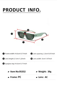 Detailed size chart for square sunglasses showing frame width and lens dimensions