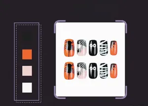 Close-up of Halloween press-on nails featuring spider, web, and eye motifs in 10-piece set