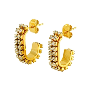 Detail of gold U-shaped earrings with double row cubic zirconia and secure studs