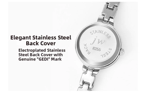 Close-up of the stainless steel back cover on a silver minimalist quartz watch