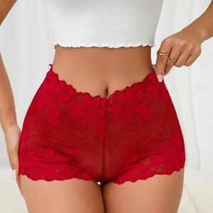 Detail of red floral lace panties featuring high-waisted cut and scallop edges