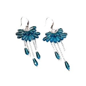 Bohemian fan-shaped blue crystal tassel drop earrings with luxurious silver metal chains