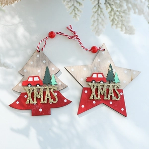 Christmas wooden star and tree ornaments with gold glitter XMAS text on white background