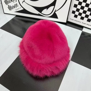 Chic rose pink faux fur bucket hat with thick plush material for autumn and winter