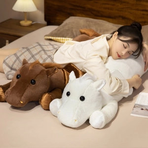 Plush long horse body pillow in white and brown, soft toy for sleeping support