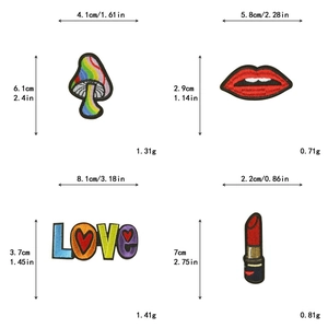 Detailed view of rainbow mushroom and lips embroidered patches with size dimensions