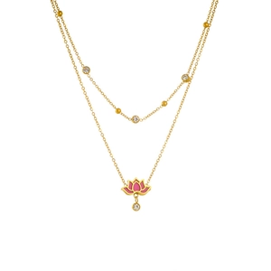 Double-layer gold necklace featuring a pink enamel lotus flower and clear zircon accents