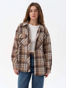Damen Karohemd aus Flanell mit Langarm und Brusttaschen in lässigem Braun-Karo-Muster