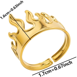 Detailed size chart showing 1.6cm flame height on gold stainless steel adjustable ring