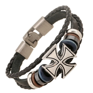 Vintage punk braided leather bracelet featuring iron cross pendant and colorful beads