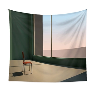 Detail of minimalist tapestry featuring a red chair and scenic window view design