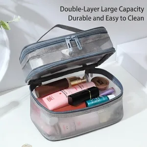 Double-layer grey mesh makeup bag with handles for large capacity toiletry storage