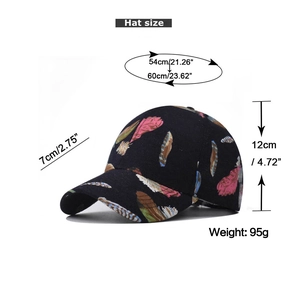 Size chart showing dimensions of the black baseball cap with colorful feather prints