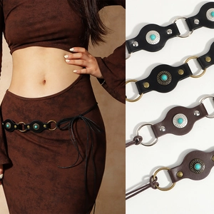 Women Waist Chain Belt PU Leather With Turquoise Inlay Sun Pattern Metal Tied Closure Bohemian Ethnic Vintage Decorative