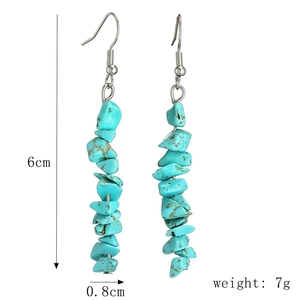 Detail of turquoise chip stone drop earrings with dimensions 6cm by 0.8cm and 7g weight