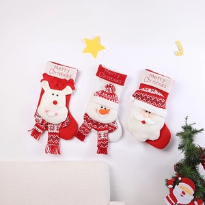 Set of 3 large knitted Christmas stockings with 3D Santa, Snowman and Reindeer dolls