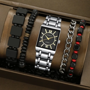 Mens square quartz watch with silver steel strap and 4-piece black beaded bracelet set