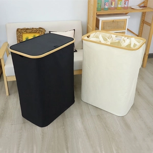Oxford Cloth Laundry Basket Bamboo Frame Collapsible Hamper With Lid And Removable Inner Bag Waterproof Clothes Storage Bin