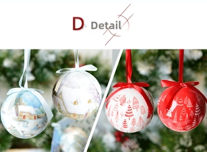 Detailed view of Christmas tree ornaments with snow scene and red geometric patterns