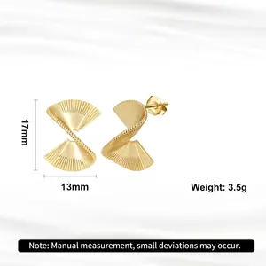 Punk style irregular spiral fan leaf stud earrings in gold S925 sterling silver