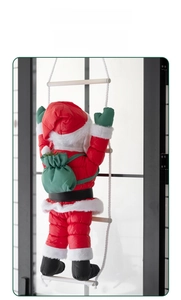 Detail of Santa Claus climbing white rope wooden ladder with green gift bag decoration