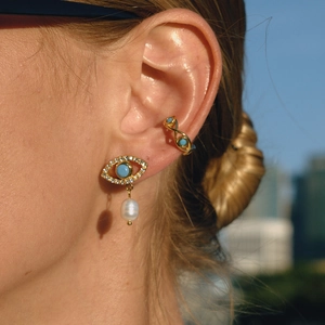 Titanium steel evil eye earrings with turquoise, diamonds and hanging white freshwater pearl
