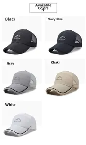Dettagli di cinque colori di berretti da baseball in mesh traspirante con logo sportivo