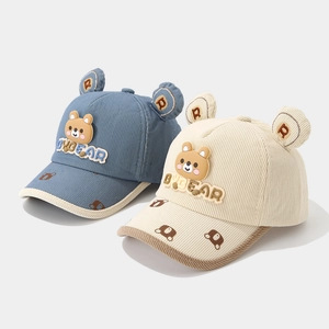 Corduroy baby baseball cap with bear ears and cartoon embroidery in blue and white