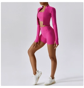 Detailed side view of rose pink high-waist yoga set with zip jacket and sports bra