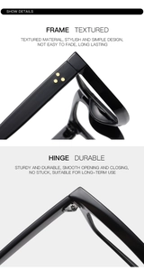 Close-up of black square frames with classic triple-point rivets and durable silver hinges