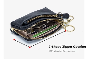 L-shaped dual zipper wallet detail showing large opening for cards and coins