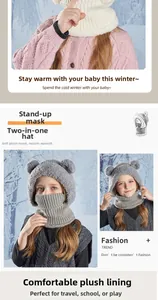 Detail of children's bear knit hat showing the thick plush lining and detachable face mask