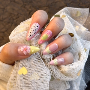 3D floral almond press-on nails with dragon fruit patterns and crystal accents