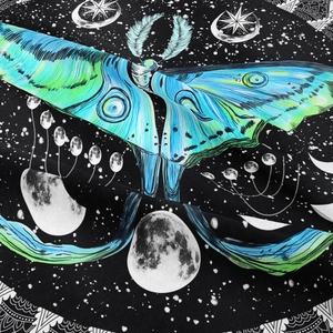 Macro detail of Bohemian Luna Moth tapestry showing high-density weave and moon phase print
