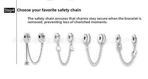 Detail view of four S925 sterling silver zodiac safety chains with zircon charms