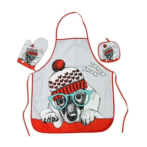 3-piece Christmas kitchen set with apron, oven mitt, and pot holder with dog print