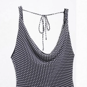 Polka dot satin dress with cowl neck and thin straps for elegant vacation style