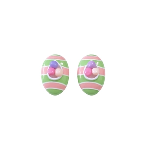 Oval striped earrings in green and pink with crystal studs for a luxury fashion look