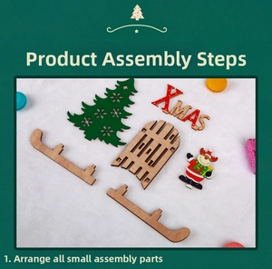 DIY wooden Christmas sleigh assembly kit showing laser-cut parts and reindeer on white fur