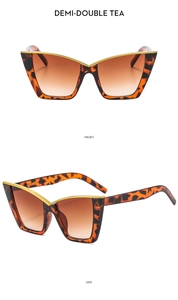 Front and side views of tortoiseshell cat-eye sunglasses with gold metal top bar detail