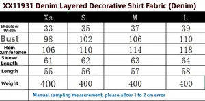 Guide des tailles détaillé pour chemise en jean à volants, mesures allant du XS au L